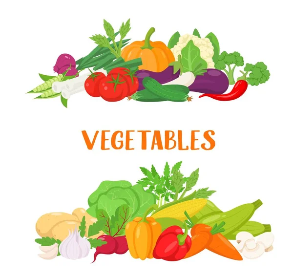 Banner με πολύχρωμα λαχανικά, διανυσματική απεικόνιση με γράμματα για κατάστημα βιολογικών τροφίμων — Διανυσματικό Αρχείο
