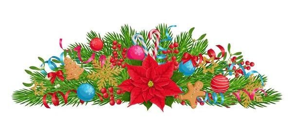 Composición colorida de Navidad con poinsettia, ramas de abeto, bolas y panes de jengibre, ilustración vectorial aislada en blanco — Archivo Imágenes Vectoriales