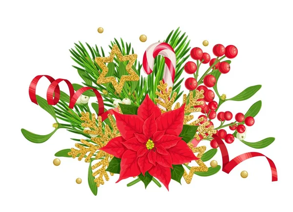 X-mas decoração tradicional de poinsettia, galho de abeto, azevinho e visco, ilustração vetorial isolado em branco —  Vetores de Stock