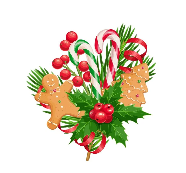 Composição de Natal de galho de abeto, pães de gengibre, azevinho, bengalas doces, ilustração vetorial realista isolado em branco — Vetor de Stock