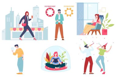 Collection of cartoon extravert and introvert people, flat vector illustration on white background clipart