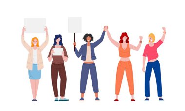 Beyaz arka planda izole edilmiş boş pankartlı feminist kadın eylemciler, düz çizgi film çizimi