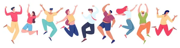 Equipo de personas saltando o bailando, ilustración de dibujos animados planos vectoriales aislados sobre fondo blanco — Archivo Imágenes Vectoriales