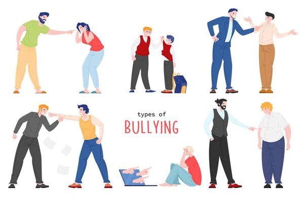 Vector flat illustration of people suffering from bullying isolated on white