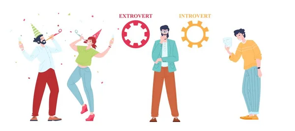 Extraversie en introversie mensen vergelijking in communicatie, platte vector illustratie — Stockvector