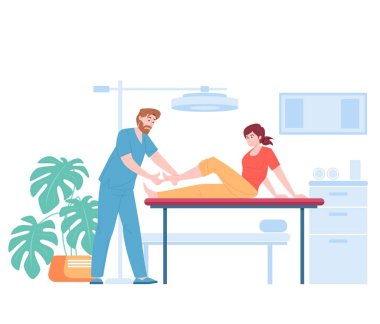 Cerrah, travma doktoru, fizyoterapist vektör karikatür kadın hastasının ayak bileğini inceliyor. Ortopedik ve travmatoloji