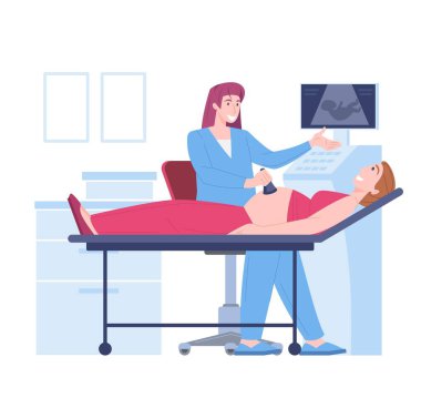 Hamilelik ultrason testi, jinekolog vektör karakter ultrasonografi prosedüründe hamile kadını izliyor.