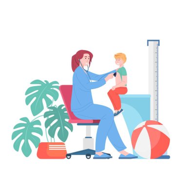 Kadın doktor, tıbbi danışman, pediyatrist check-up, vektör çizgi film karakteri hasta çocuğun kalp atışlarını inceliyor.