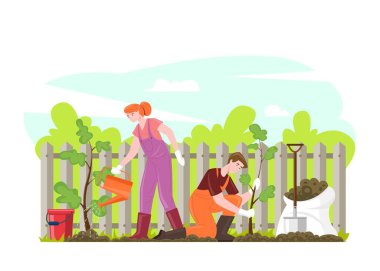 Bahçıvanlık yapan insanlar ağaç fidanı dikiyorlar, düz vektör karikatür çizimleri, eko alışkanlıkları kavramı, çevre yardımı