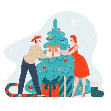 Xmas insanları yeni yıl hediyeleri veriyor vektör illüstrasyon çizgi film karakterleri çiftler birbirlerine neşeli hediyeler veriyorlar.
