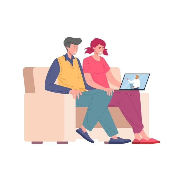 Married young couple with laptop on family psychotherapy online, flat cartoon vector illustration — Stock Vector