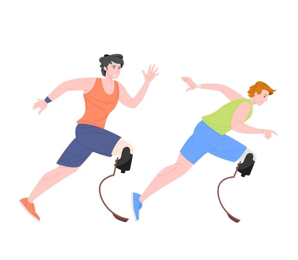 Запуск спортсменов-паралимпийцев с высокотехнологичными протезами конечностей, плоская иллюстрация вектора мультфильмов — стоковый вектор