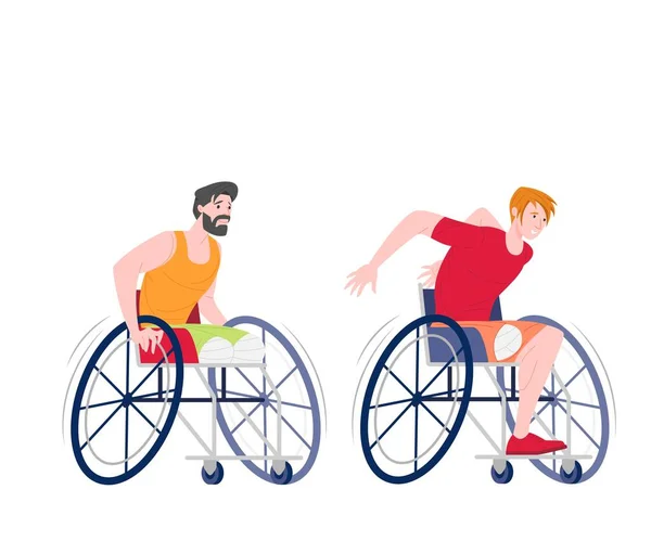 Паралімпійські спортсмени на інвалідних візках бігають ізольовані на білому тлі, плоский мультяшний Векторні ілюстрації — стоковий вектор