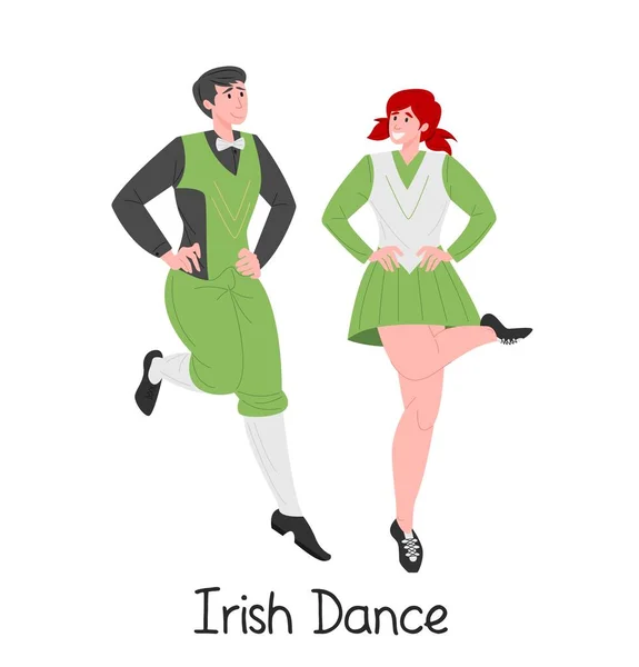 Радісна пара мультиплікаційних танцюристів ізольована на білому тлі, векторна плоска ілюстрація для ірландської школи танців — стоковий вектор