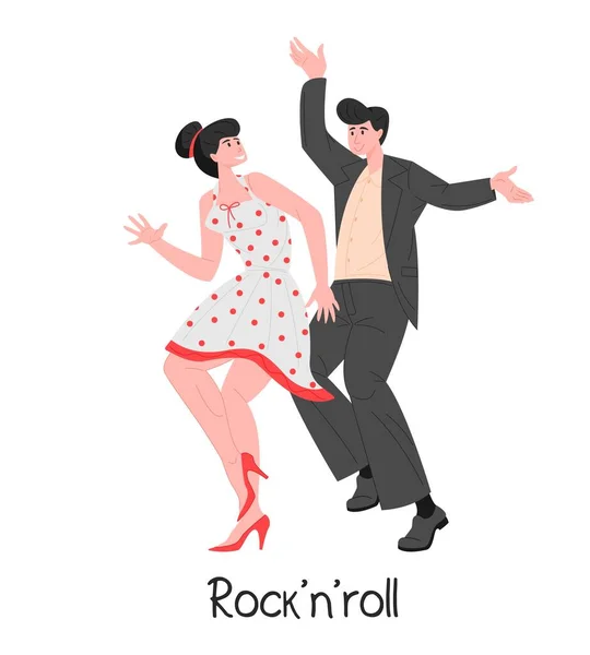 Rocknroll emberek táncosok, vektor rajzfilm lapos illusztráció betűkkel — Stock Vector