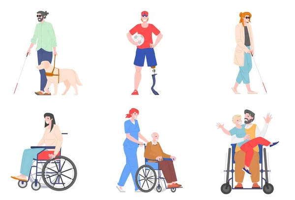 Sammlung behinderter Menschen, Zeichentrickfiguren mit Prothese, Rollstühle, Sehbehinderte, Vektorillustration — Stockvektor