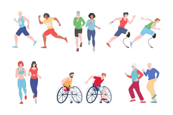 Persone in corsa disabili, uomo atletico, femmina, vettore corridore piatto jogging personaggi dei cartoni animati insieme isolato su bianco Vettoriali Stock Royalty Free