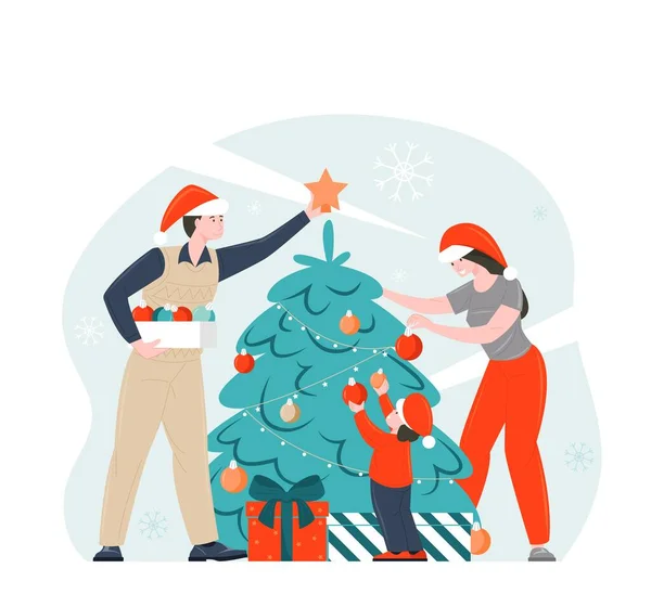 Famiglia decorare albero di Natale che celebra Natale insieme illustrazione vettoriale, biglietto festivo. Preparazione di vacanza di anno nuovo Illustrazioni Stock Royalty Free