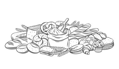 Fırın reklamı için ekmekler, el yazısı, vektör el çizimi, monokrom illüstrasyonu