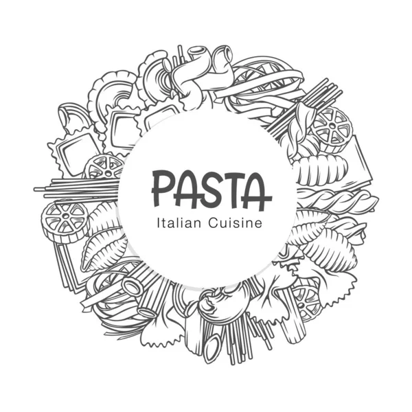 Pasta-Kreis-Rahmen handgezeichnete Vektor-Monochrom-Umriss-Illustration auf Weiß mit Schriftzug für Makkaroni-Verpackung — Stockvektor