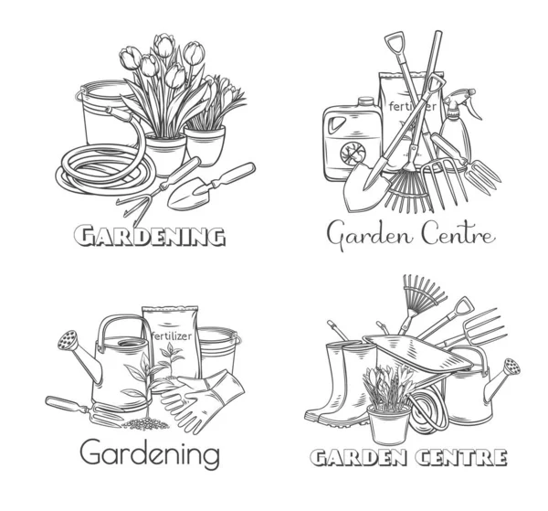 Tuingereedschap vector overzicht met de hand getekend monochroom illustraties set met belettering voor design tuin centrum — Stockvector