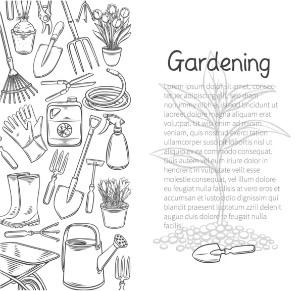 Gartengeräte Plakat, Umriss handgezeichnete monochrome Vektorillustration mit Schriftzug für Design Gartencenter — Stockvektor