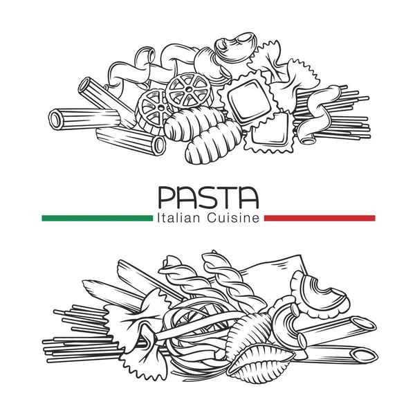 Tipi di pasta italiana, vettore contorno disegnato a mano isolato su illustrazione bianca con lettering per involucro maccheroni — Vettoriale Stock