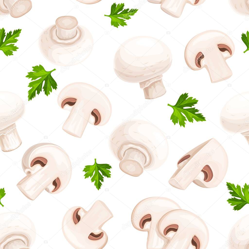 Mushrooms champignons, fungi seamless pattern vector illustration on white background, wrapping design