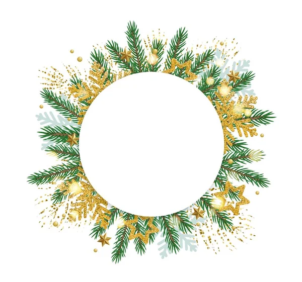 Banner redondo de Navidad con ramas de abeto y adornos dorados — Archivo Imágenes Vectoriales