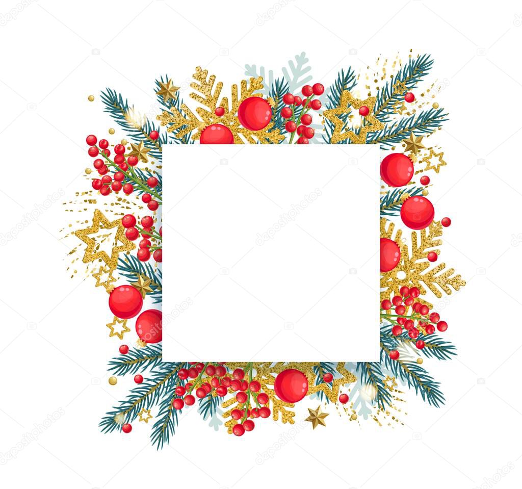 Christmas round banner with fir branches and red holly berries ornaments