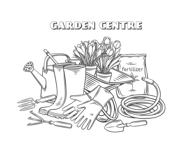 Ferramentas de jardinagem vector outline banner —  Vetores de Stock