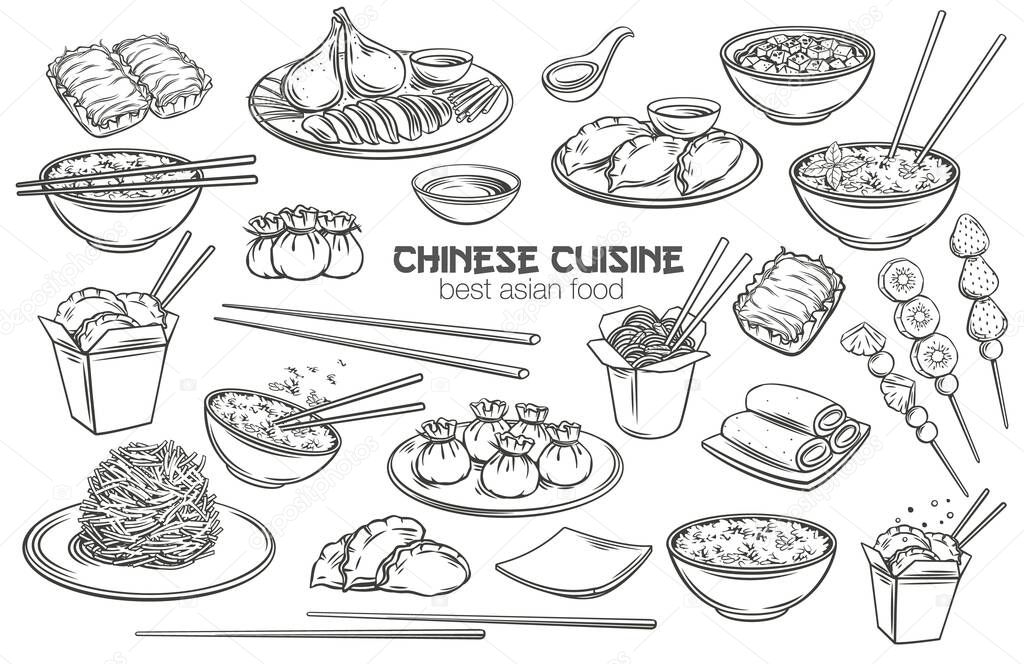 Chinese Cuisine Outline Icon Set Asian Food Engraved Monochrome Vector Illustration Mapo Tofu Rice Dragons Beard Candy And Tanghulu Wok Peking Duck Dumplings Wonton Fried Noodles And Rolls Premium Vector In