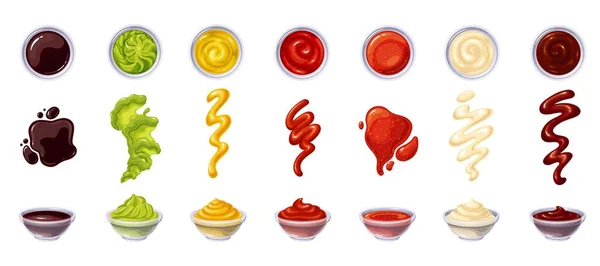 Various sausces in bowls and splash — Stock Vector