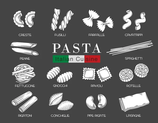 Types Pâtes italiennes glyphe blanc sur noir — Image vectorielle