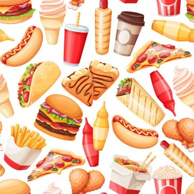 Fast food cartoon seamless pattern