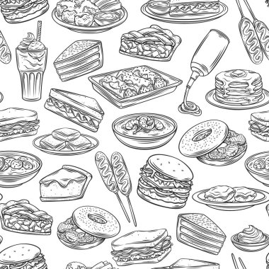 American food outline seamless pattern