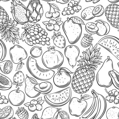 Fruits and berries outline seamless pattern