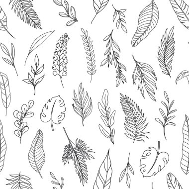Modern line art tropical leaves seamless pattern