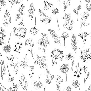 Line art floral elements seamless pattern.