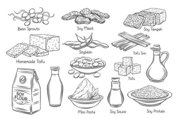 Icônes de contour de produit de soja — Image vectorielle