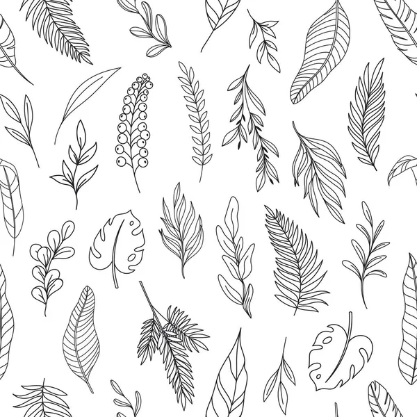 Modern line art tropical leaves seamless pattern — Stok Vektör