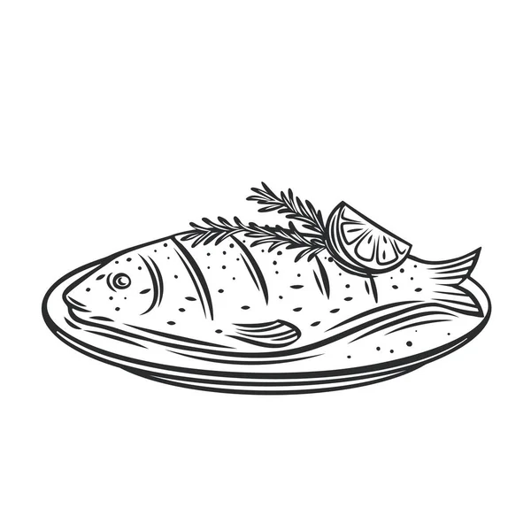 烤鱼与迷迭香和柠檬在盘子轮廓图标上 — 图库矢量图片
