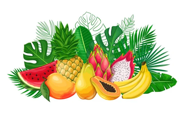 Hojas tropicales con banner de frutas exóticas — Vector de stock
