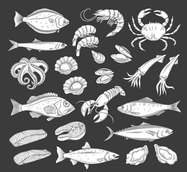 Conjunto de iconos de mariscos, blanco sobre negro — Vector de stock