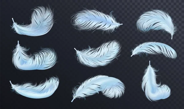 Falling blue fluffy twirled feather set — Stock Vector
