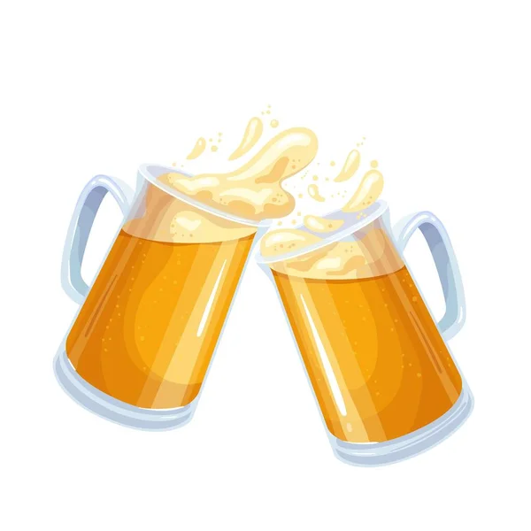 Two glasses toasting mugs with beer, cheers beer glasses — Stockvektor