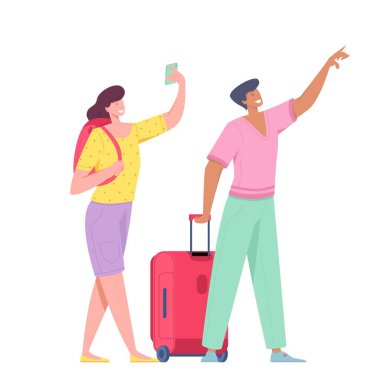 Sırt çantalı ve bavullu turistler seyahat ederken fotoğraf çekiyorlar.