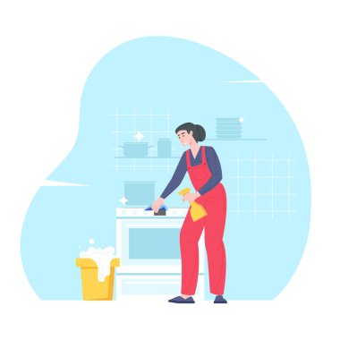 Hizmetçi mutfağı yıkıyor.