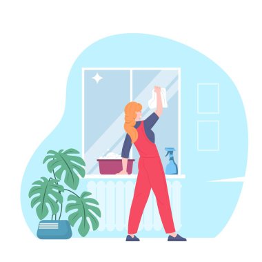 Kadın temizleyici pencereyi siler