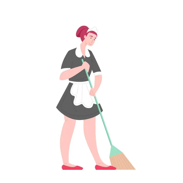 Housemaid in uniform sweeping floor brush — Stock Vector